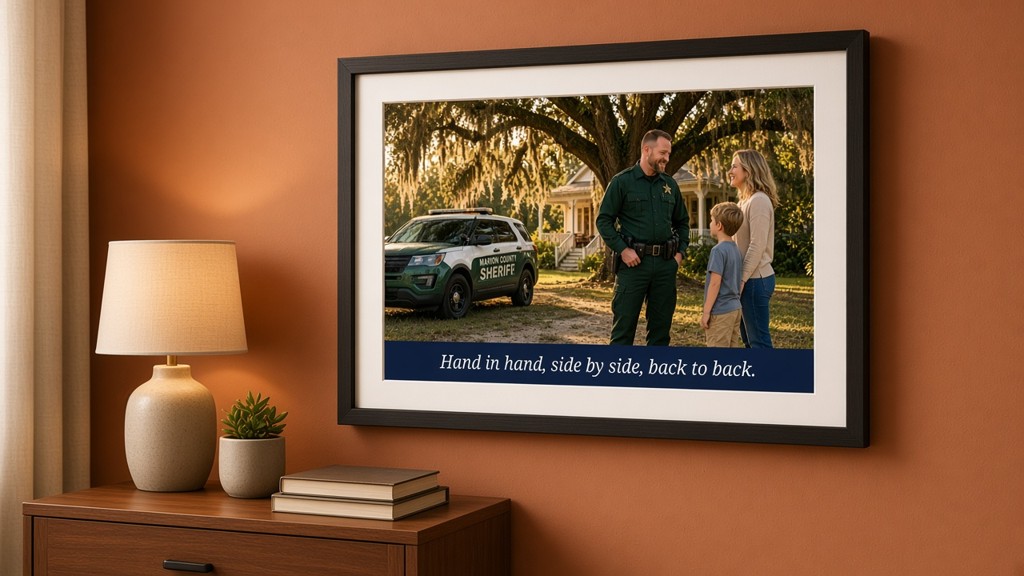 Black framed print of the Marion County deputy design