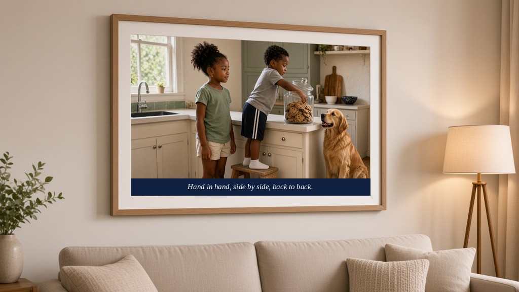 Oak framed print of the cookie jar siblings design