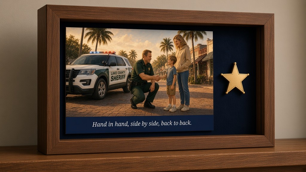 Shadow box framed print next to a gold star badge