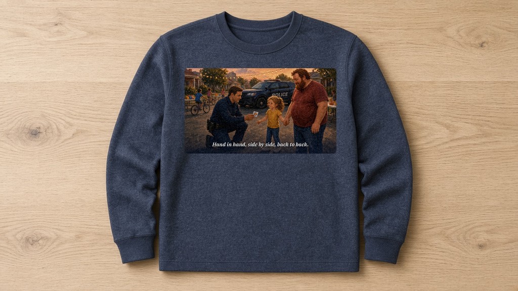 Navy crewneck sweatshirt with a Hand-in-Hand design