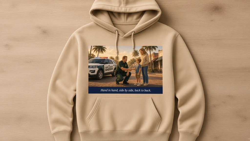 Sand hoodie with the Lake County deputy design