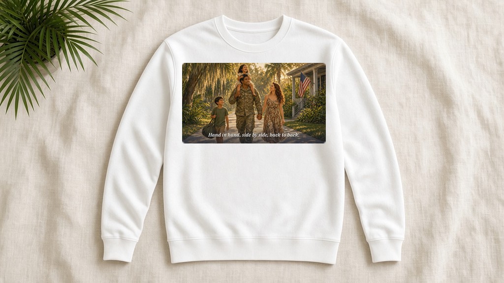 White crewneck with the soldier coming home design