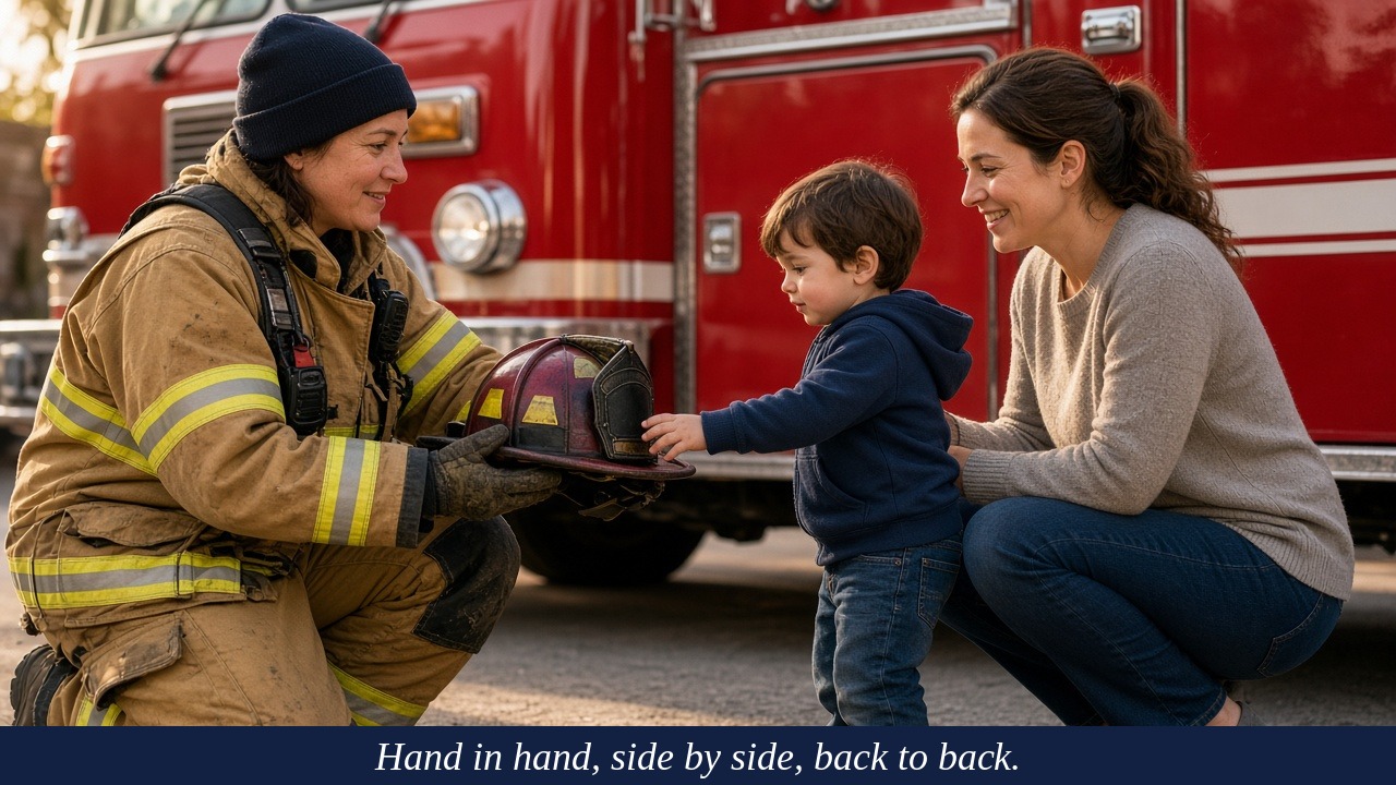 Firefighter Kneels Down